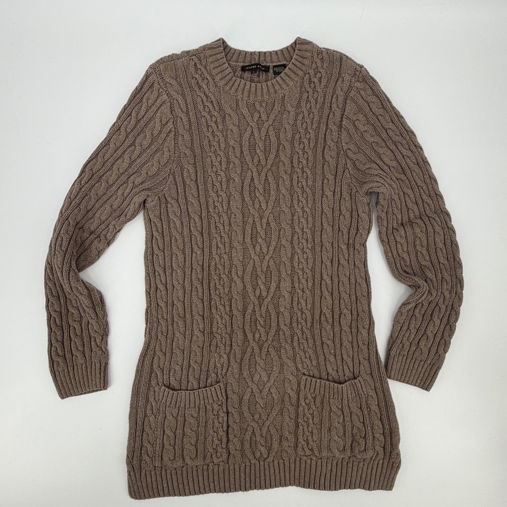 Jeanne Pierre Womens Large Brown Cable Knit Cotton Crew Neck Pocket Sweater